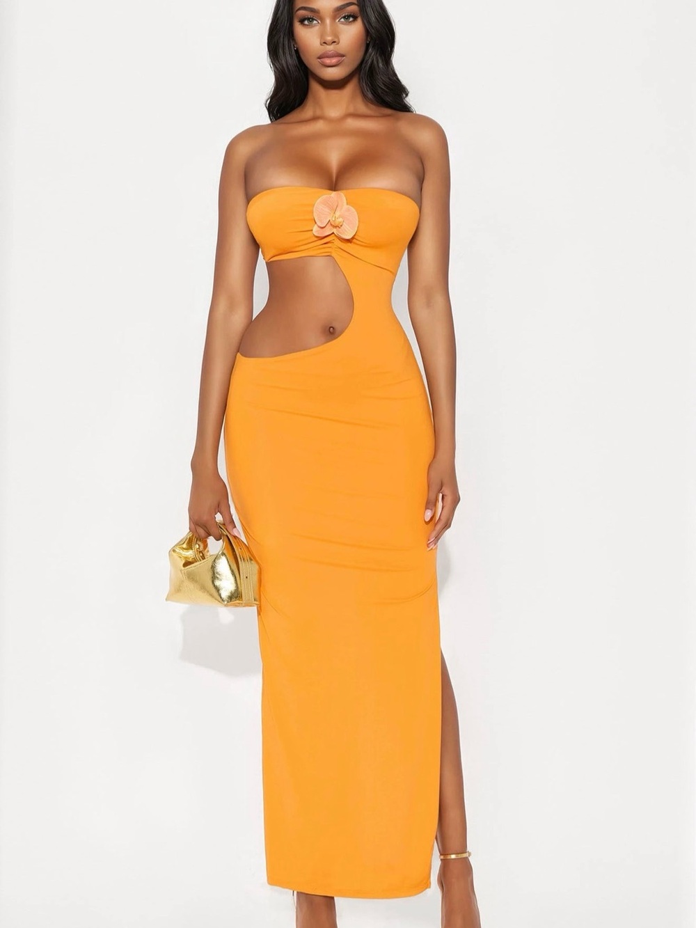 Strapless Cutout Orange Maxi Dress